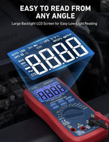 DM6000AR multimeter graphic highlighting its large backlit LCD for low-light and angled viewing