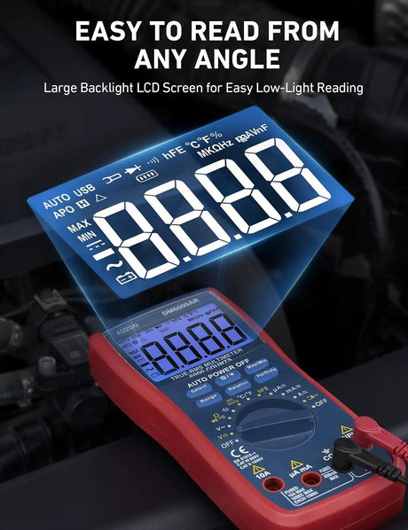DM6000AR multimeter graphic highlighting its large backlit LCD for low-light and angled viewing