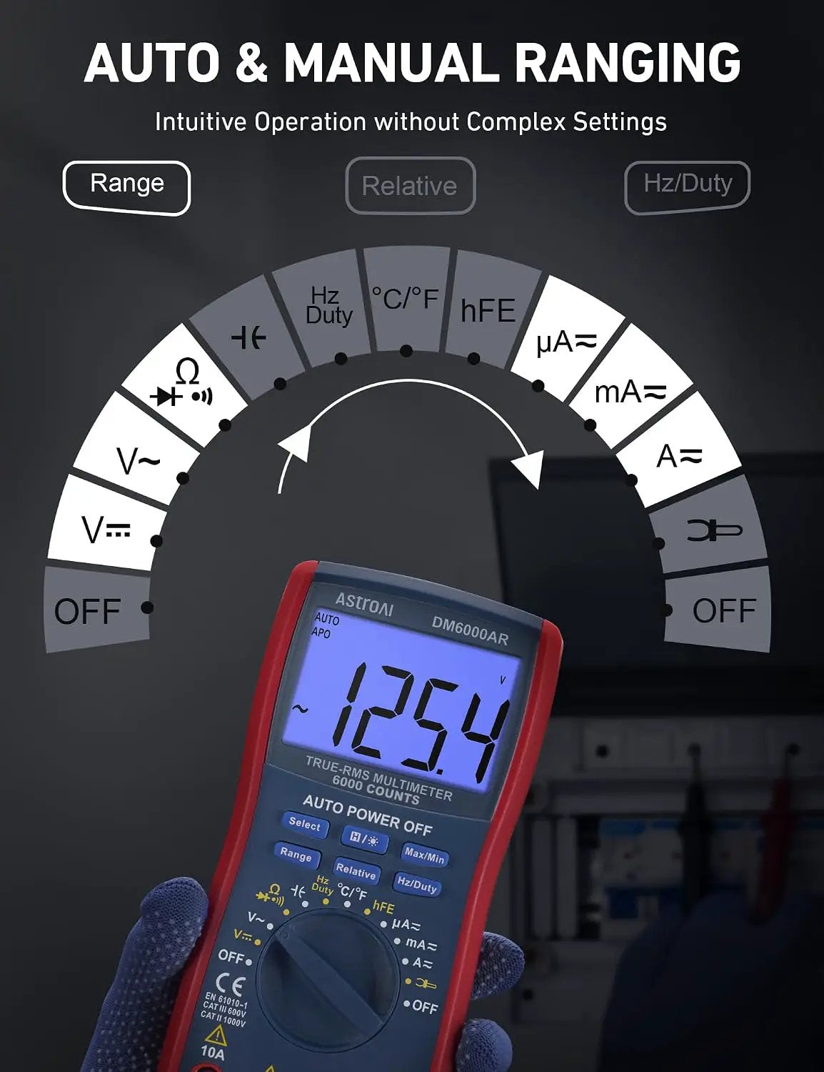 DM6000AR multimeter graphic highlighting automatic and manual ranging with an enlarged selector-dial illustration