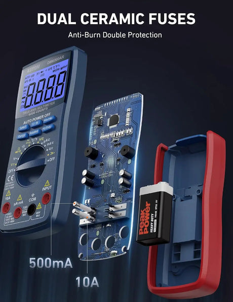 Exploded DM6000AR multimeter graphic highlighting two ceramic fuses labeled 500mA and 10A