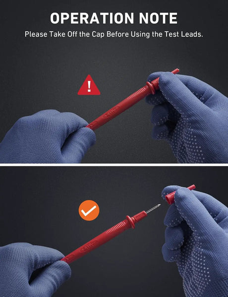 Test-probe graphic instructing users to remove the protective cap before using the test leads