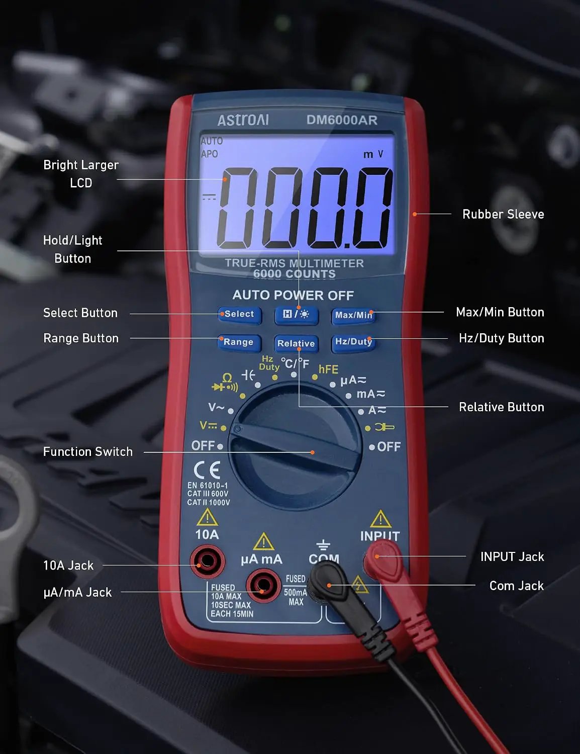 Multimeter control guide identifying the display, function dial, buttons, input jacks and protective sleeve