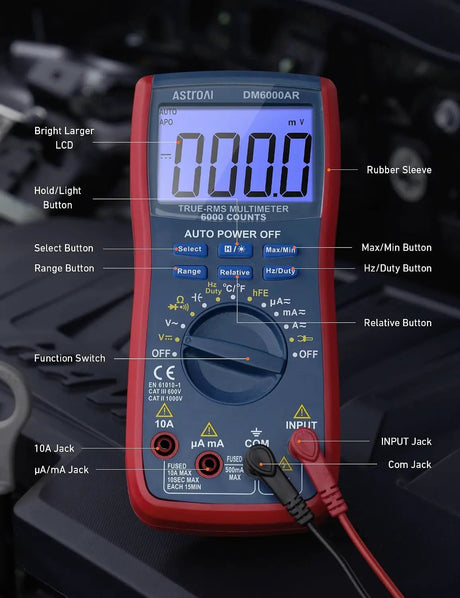 Multimeter control guide identifying the display, function dial, buttons, input jacks and protective sleeve
