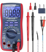 Blue AstroAI DM6000AR digital multimeter in a red protective case, shown with test probes and adapters