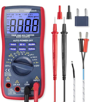 Blue AstroAI DM6000AR digital multimeter in a red protective case, shown with test probes and adapters