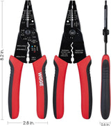 Wire stripper front, back and side views with dimensions of 8.2 inches long, 2.8 inches wide and 0.6 inch thick