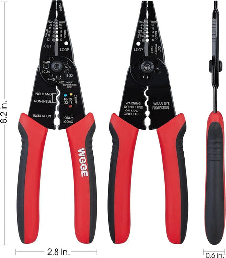 Wire stripper front, back and side views with dimensions of 8.2 inches long, 2.8 inches wide and 0.6 inch thick