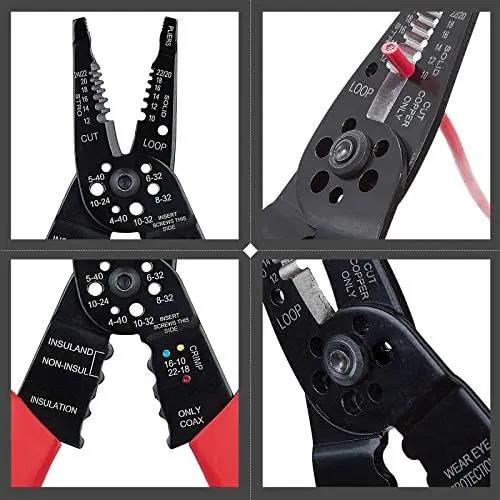 Wire-tool close-ups showing stripping notches, a crimped terminal, bolt-cutting holes and cable-cutting blades