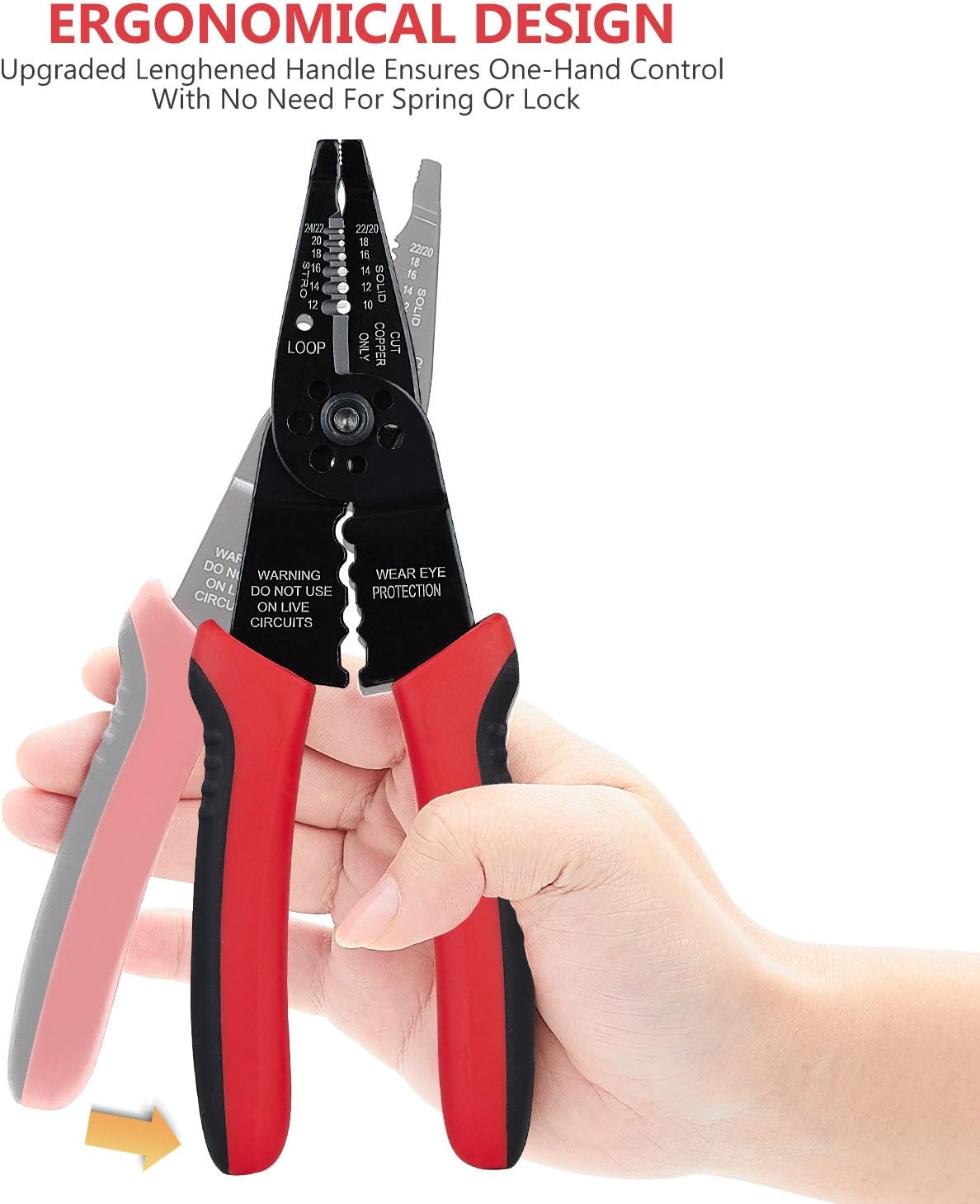 Wire-tool graphic demonstrating one-handed operation with long red-and-black handles