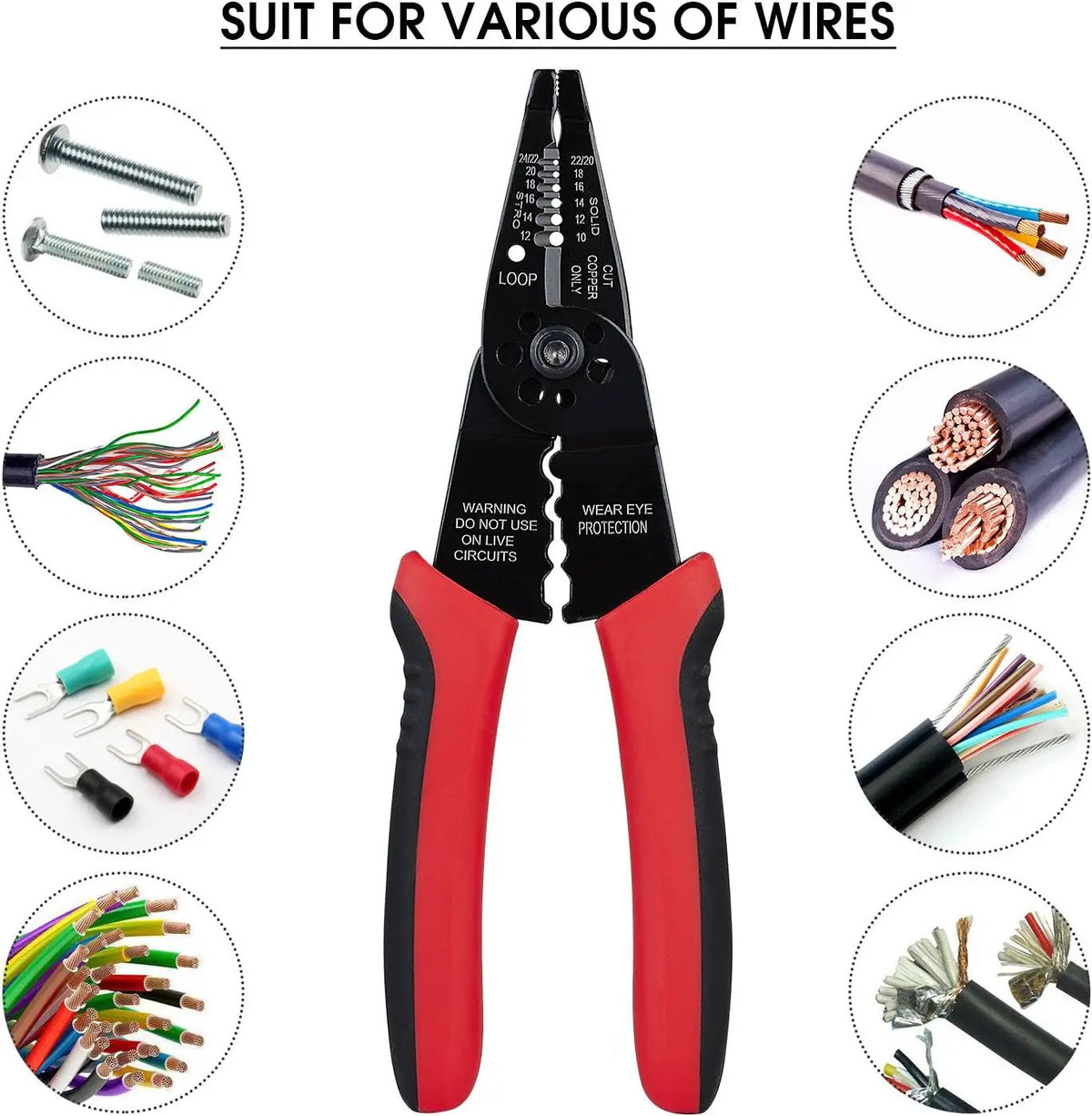 Wire stripper application graphic showing assorted wires, cables, terminals and screws