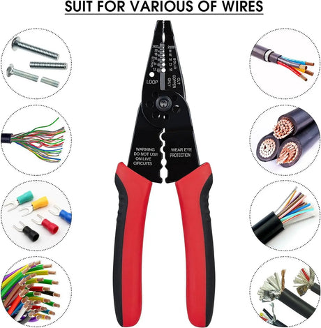 Wire stripper application graphic showing assorted wires, cables, terminals and screws