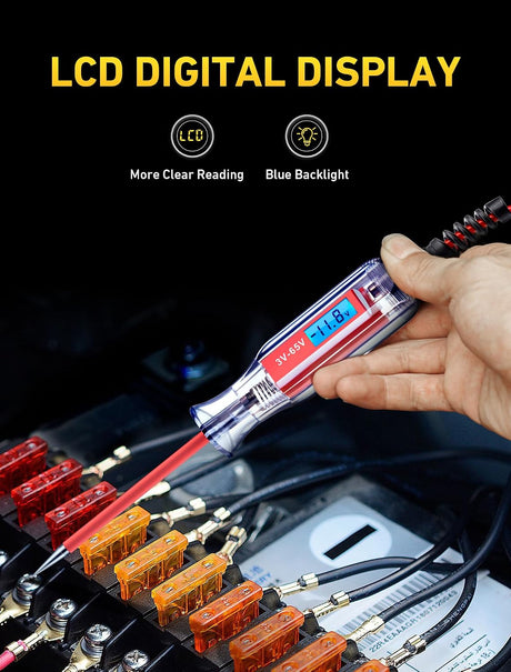 Digital automotive test light probing a fuse panel, with a blue backlit voltage display in the handle