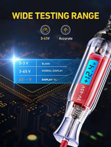 Automotive test light graphic showing a 3–65V range, blank display below 3V and OL indication above 65V