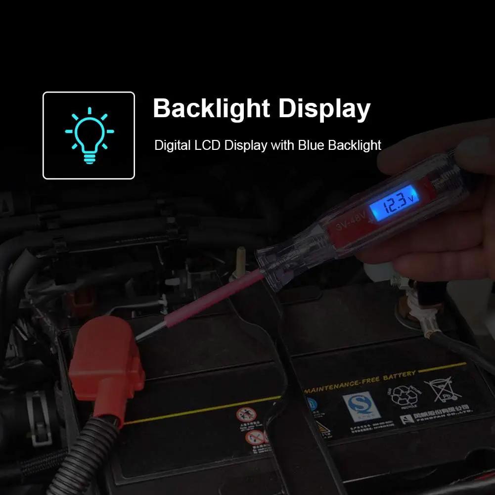 Digital automotive test light at a car battery, demonstrating its blue backlit LCD voltage display