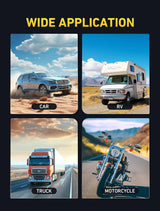 Automotive test light application graphic showing a car, RV, truck and motorcycle