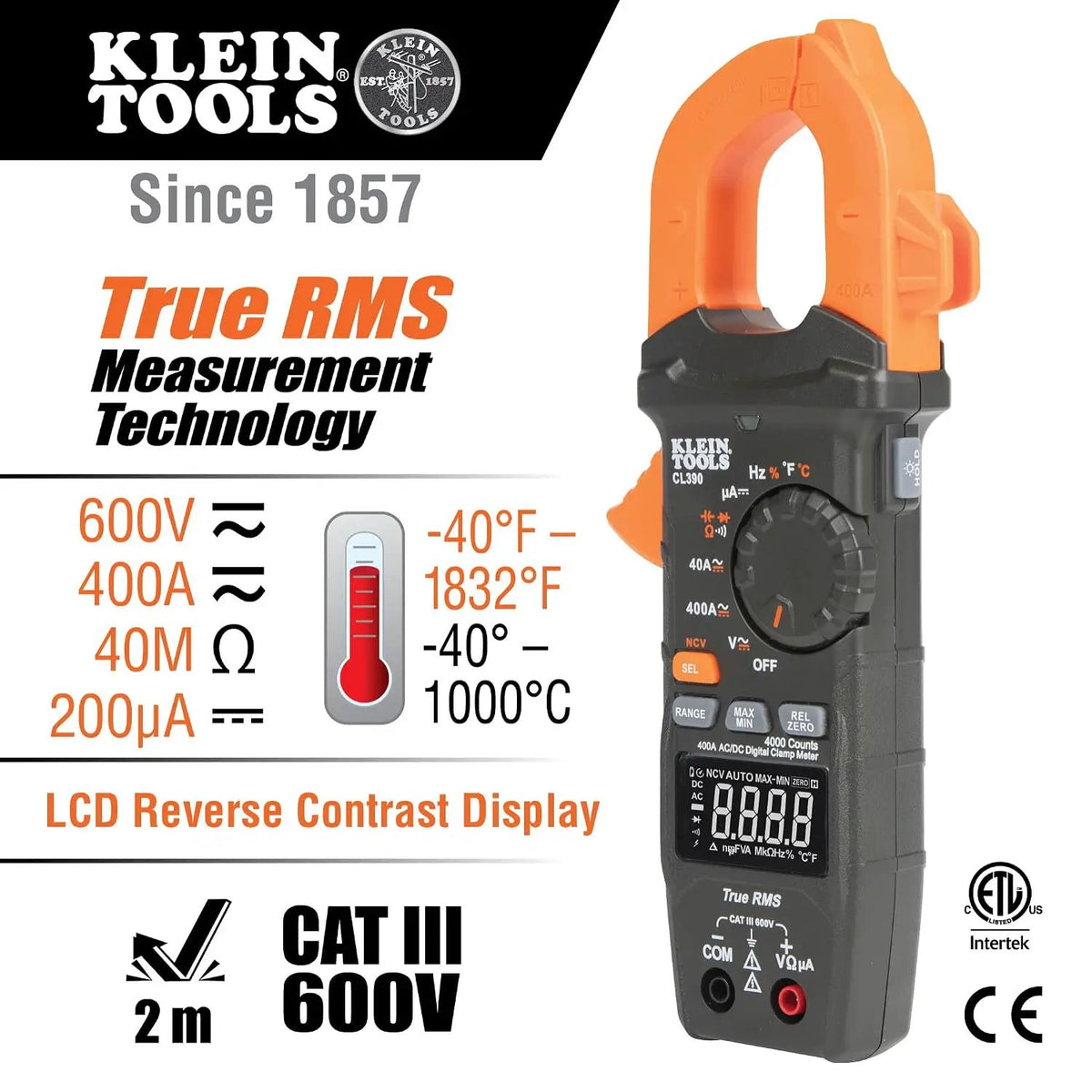 Klein CL390 feature chart showing true-RMS measurement, 600V and 400A ranges, temperature measurement and a reverse-contrast LCD
