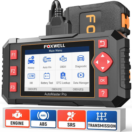 Foxwell scanner with carrying case and icons for engine, ABS, airbag and transmission diagnostics
