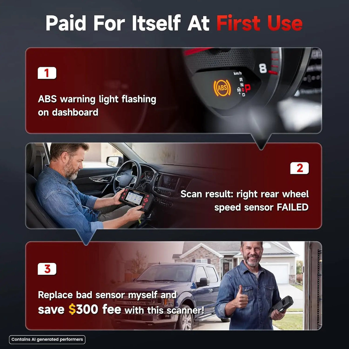 Scanner promotional example showing an ABS warning, failed rear wheel-speed sensor diagnosis and a claimed repair saving