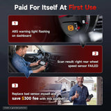 Scanner promotional example showing an ABS warning, failed rear wheel-speed sensor diagnosis and a claimed repair saving