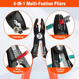 Four-in-one plier graphic demonstrating clamping, crimping, wire stripping and cable cutting