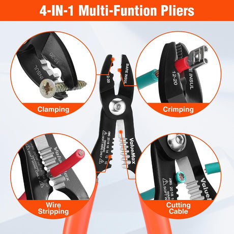 Four-in-one plier graphic demonstrating clamping, crimping, wire stripping and cable cutting