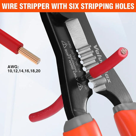 Wire-stripper graphic showing six stripping holes for 10, 12, 14, 16, 18 and 20 AWG wire