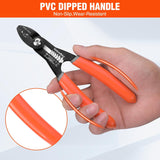 Wire stripper and crimper held in one hand, with a close-up callout of the orange PVC-coated handles