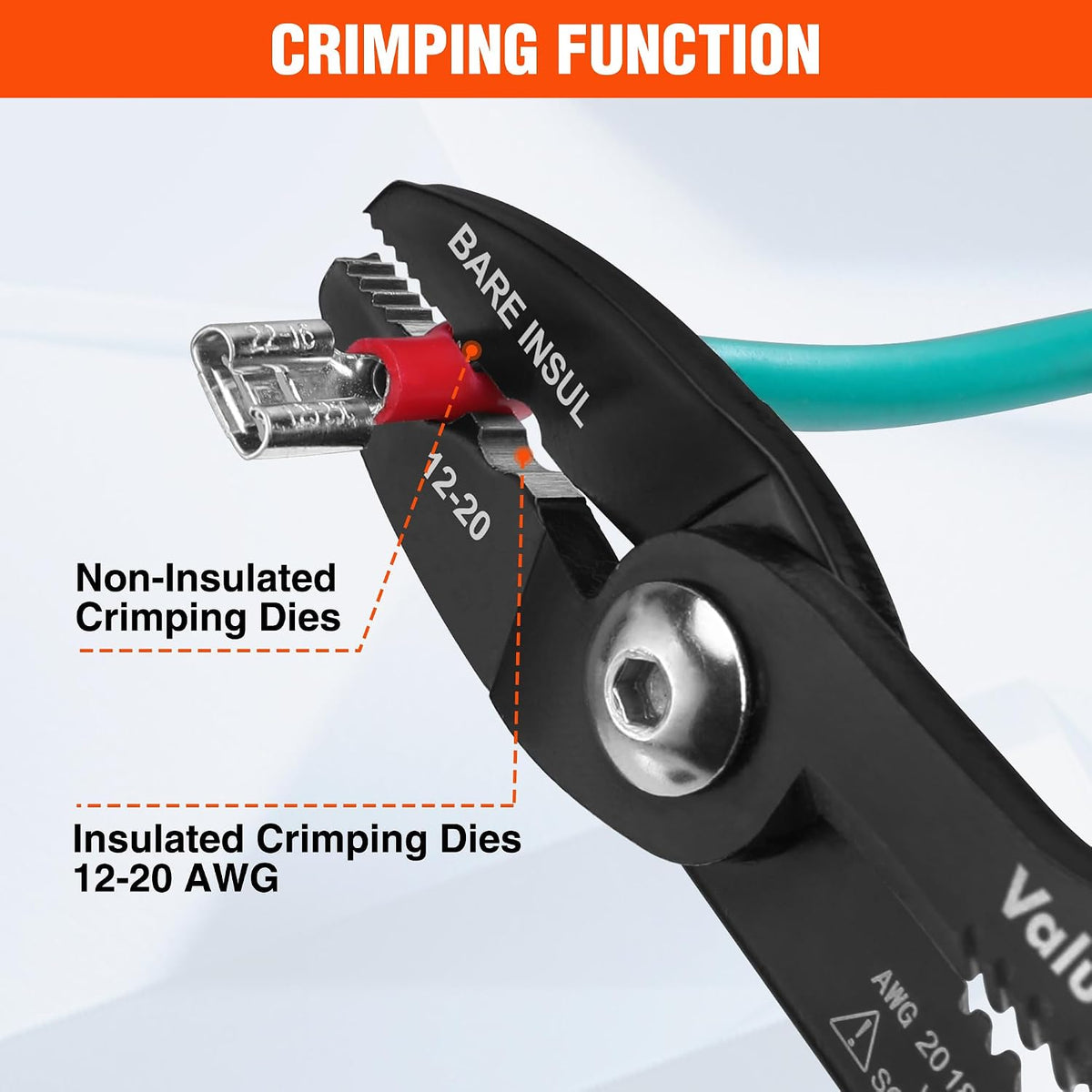 Crimping-plier close-up identifying insulated 12–20 AWG and non-insulated crimping dies