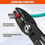 Crimping-plier close-up identifying insulated 12–20 AWG and non-insulated crimping dies