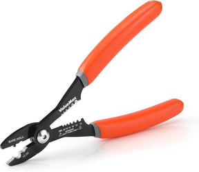 Open black wire-stripping and crimping pliers with orange handles and marked wire sizes