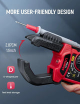 KC604 clamp meter showing its open D-shaped jaw and test probes stored along the body