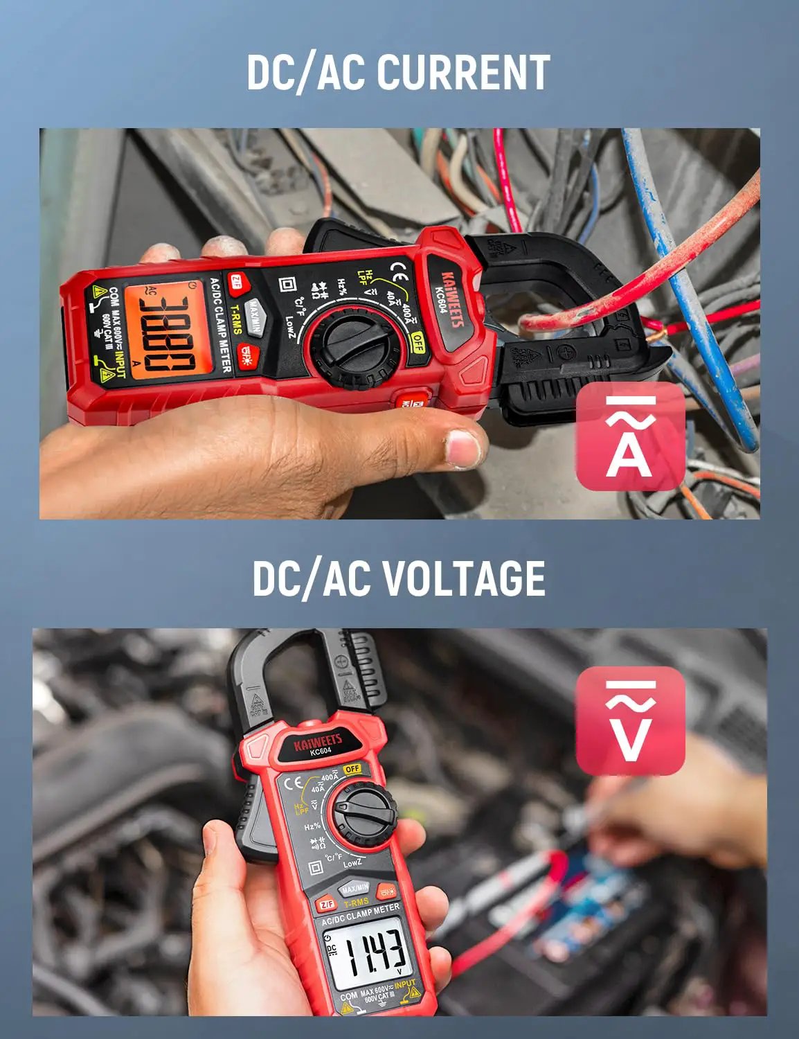 KC604 clamp meter illustrating AC/DC current measurement around a cable and voltage measurement with test probes
