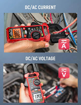 KC604 clamp meter illustrating AC/DC current measurement around a cable and voltage measurement with test probes