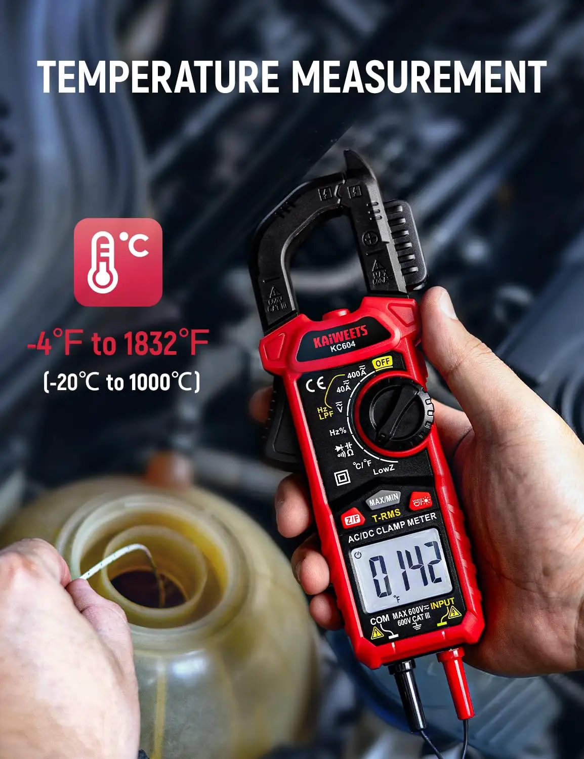 KC604 clamp meter measuring temperature with a probe in a container of liquid