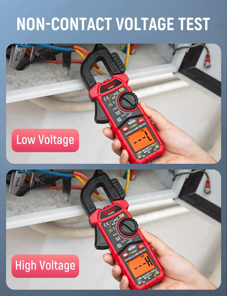 KC604 clamp meter showing low- and high-voltage non-contact detection indicators