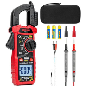 KC604 clamp meter with test leads, thermocouple, batteries and carrying case