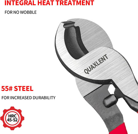 Cable-cutter jaw close-up with callouts for heat-treated 55# steel and HRC 45–52 hardness