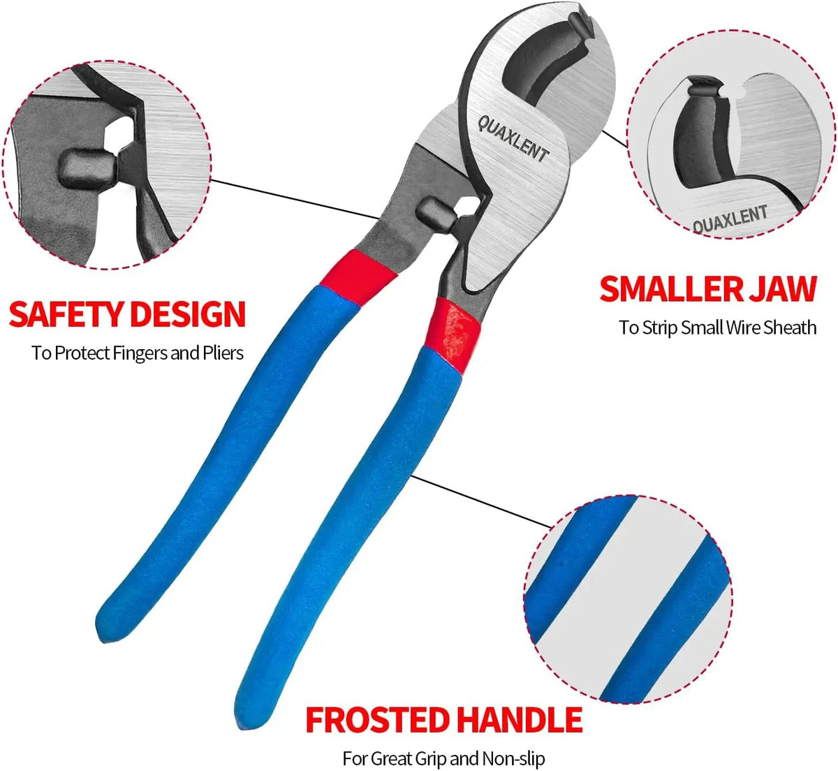 Cable-cutter feature graphic highlighting the safety stop, small stripping jaw and textured blue handles