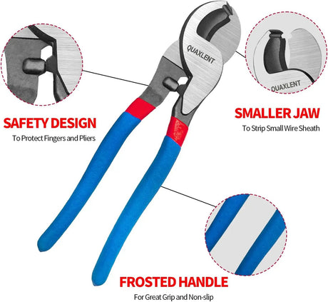 Cable-cutter feature graphic highlighting the safety stop, small stripping jaw and textured blue handles