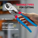 Cable-cutter capacity graphic listing 4/0 aluminum, 2/0 soft copper and 100-pair 24 AWG communication cable
