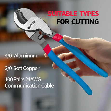 Cable-cutter capacity graphic listing 4/0 aluminum, 2/0 soft copper and 100-pair 24 AWG communication cable