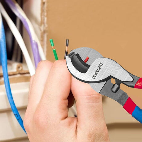 Close-up of cable-cutter jaws positioned around a small insulated wire