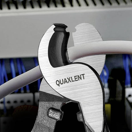 Quaxlent cable cutter shown cutting a gray insulated cable