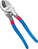 Cable cutter with curved jaws and blue handles with red bands