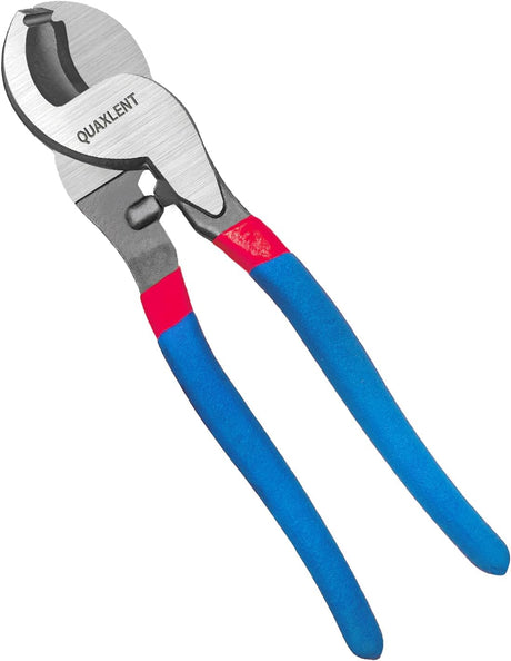 Cable cutter with curved jaws and blue handles with red bands
