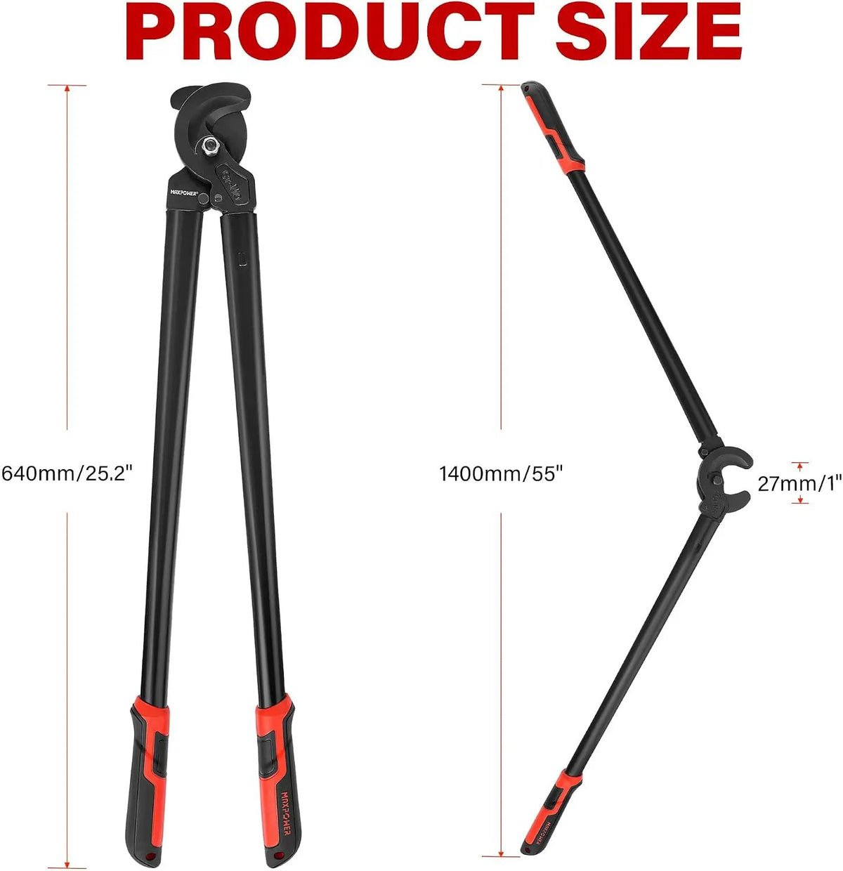 Cable-cutter size diagram showing a 640 mm (25.2-inch) closed length and a 27 mm (1-inch) jaw opening