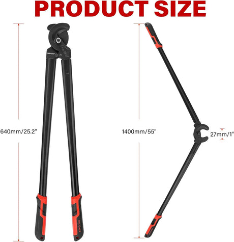 Cable-cutter size diagram showing a 640 mm (25.2-inch) closed length and a 27 mm (1-inch) jaw opening