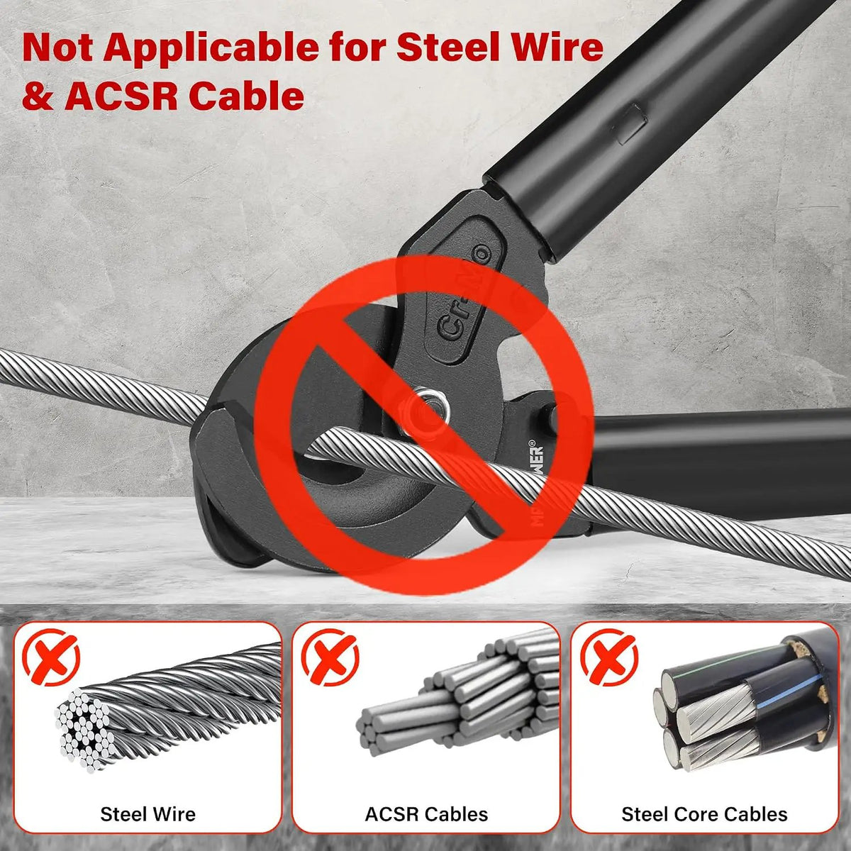 Cable-cutter warning graphic showing that steel wire, ACSR and steel-core cables are unsuitable