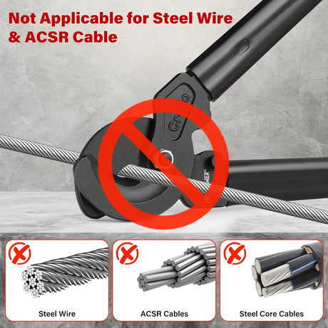 Cable-cutter warning graphic showing that steel wire, ACSR and steel-core cables are unsuitable