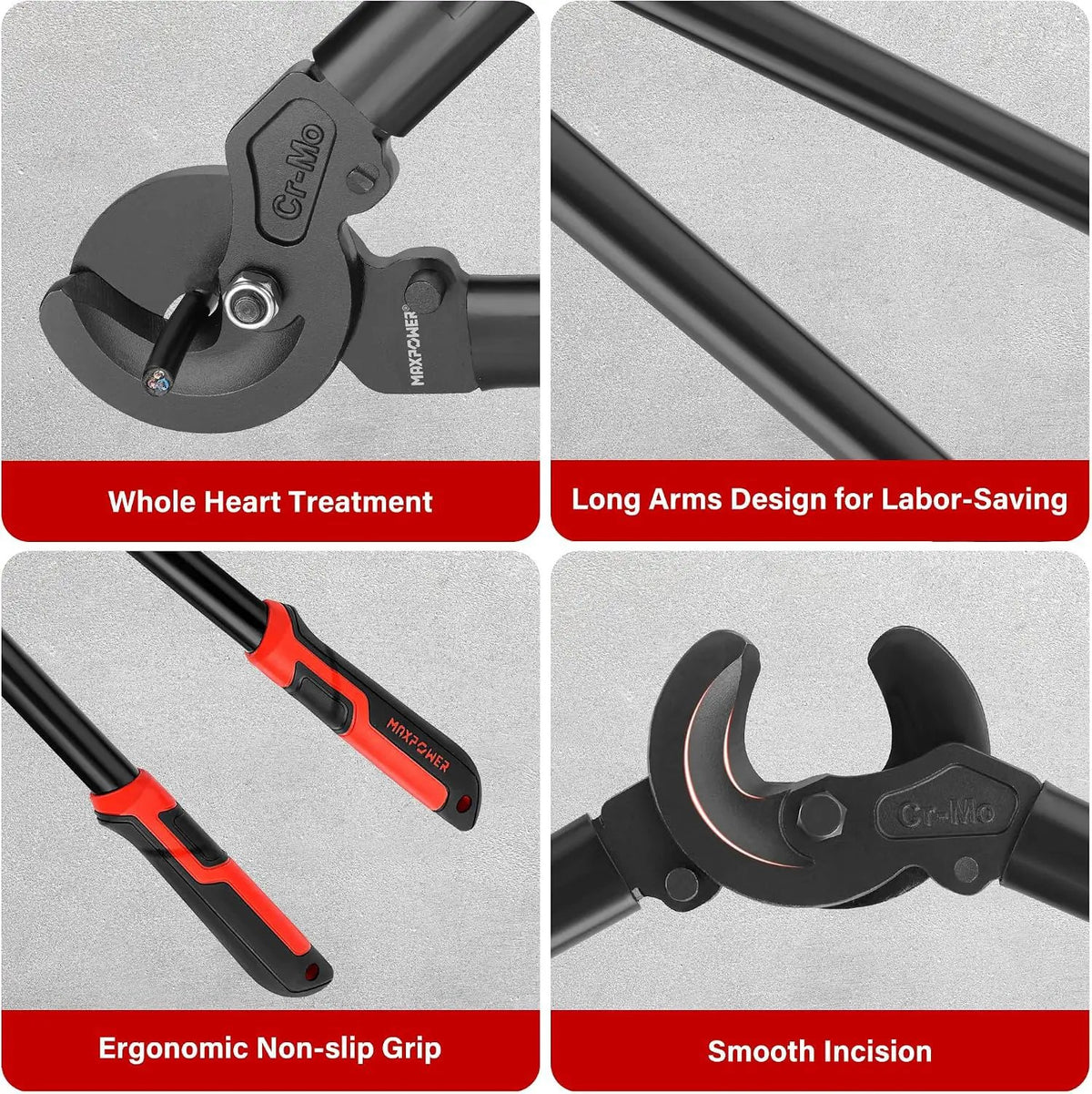 Cable-cutter feature graphic showing hardened jaws, long arms and red-and-black non-slip grips